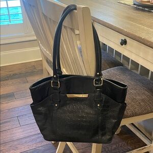 Tignanello Black Faux-Croc Tote with Gold-Tone Plaque